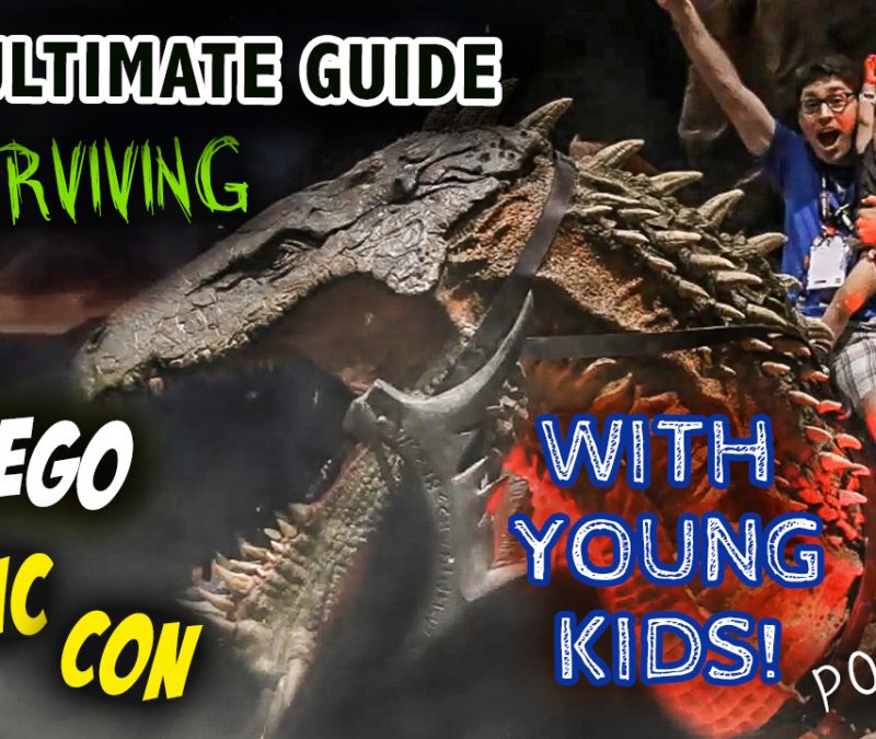 A dad and kid riding a dragon at San Diego Comic Con, with the caption, The Ultimate Guide to Surviving SDCC with Young Kids